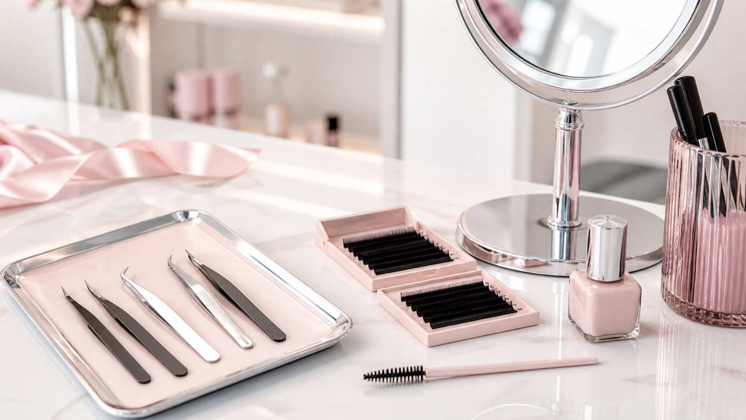 Soft pink lash tools, tweezers and chrome salon details for The Doll Hause