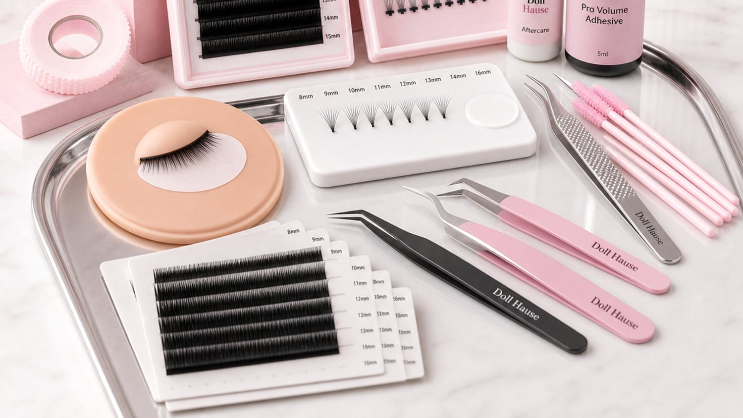 Branded Doll Hause lash extension trays, adhesive, tweezers and practice tools