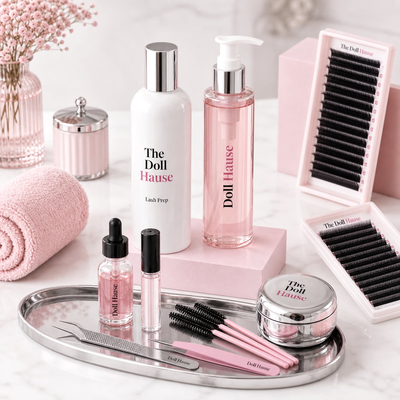 Branded Doll Hause lash prep, lash trays and pink salon stock products