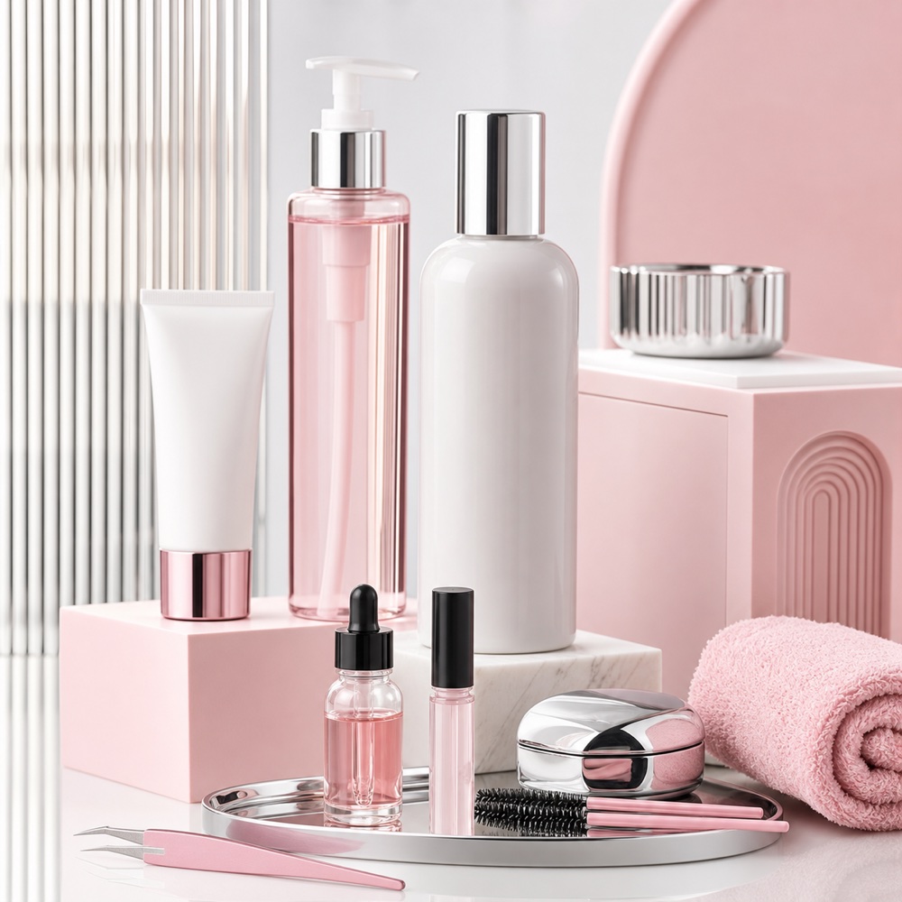 Pink and chrome lash tech product stock for The Doll Hause product drop